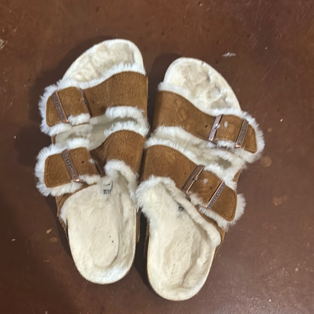 Brown and White Fuzzy Birkenstocks.